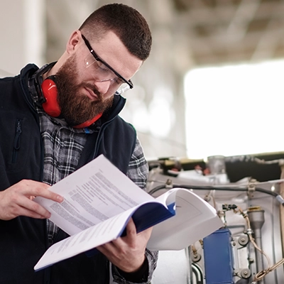 Technician performs maintenance repair and overhaul in the aerospace industry