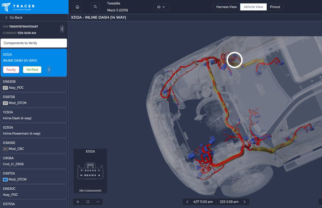 TRACER: plant vehicle view with components to verify, connector pinout and harness routing