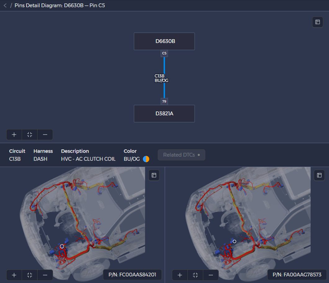 TRACER-X: pin-to-pin detail diagram with circuit data and connector locations in the vehicle